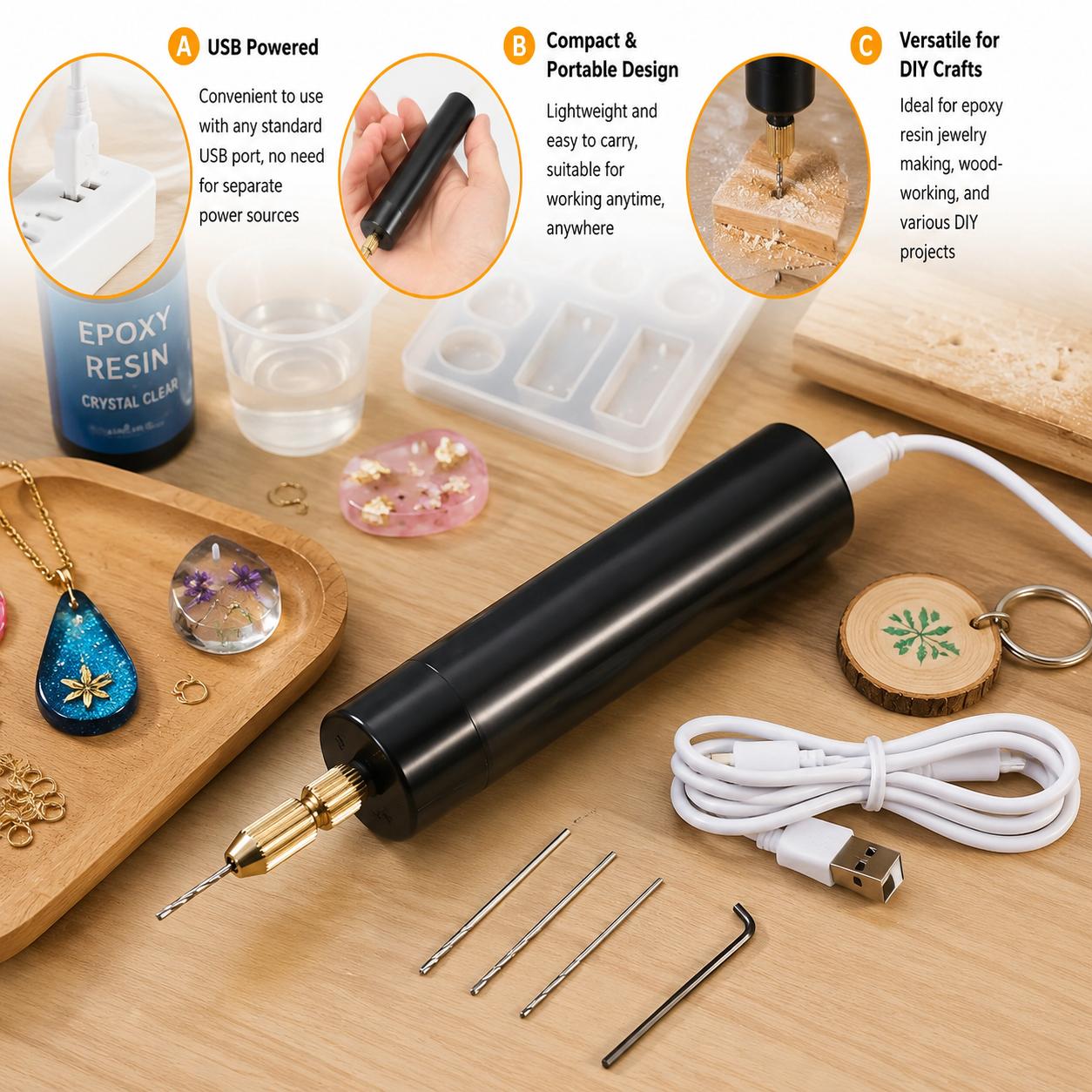 Resin Art A Keychain - Mini Trapano Elettrico Portatile USB, Utensile